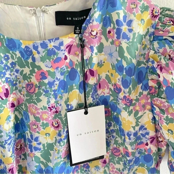 En Saison Ruched Floral Mini Day Summer Dress Puff Sleeves Small Rhode inspired - Picture 4 of 8